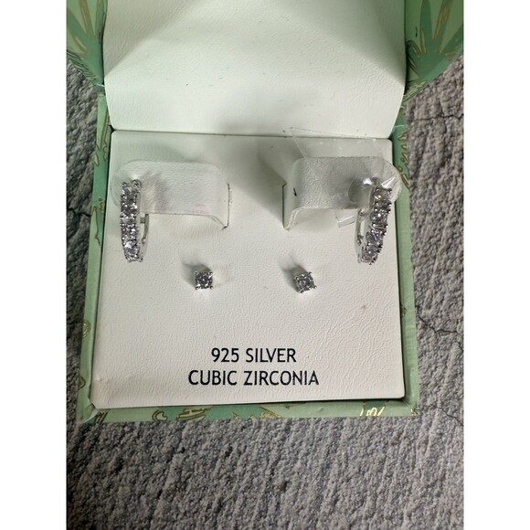 NIB Rachel Ashwell 925 Silver Cubic Zirconia Huggies & Stud Earrings Set - Picture 2 of 9